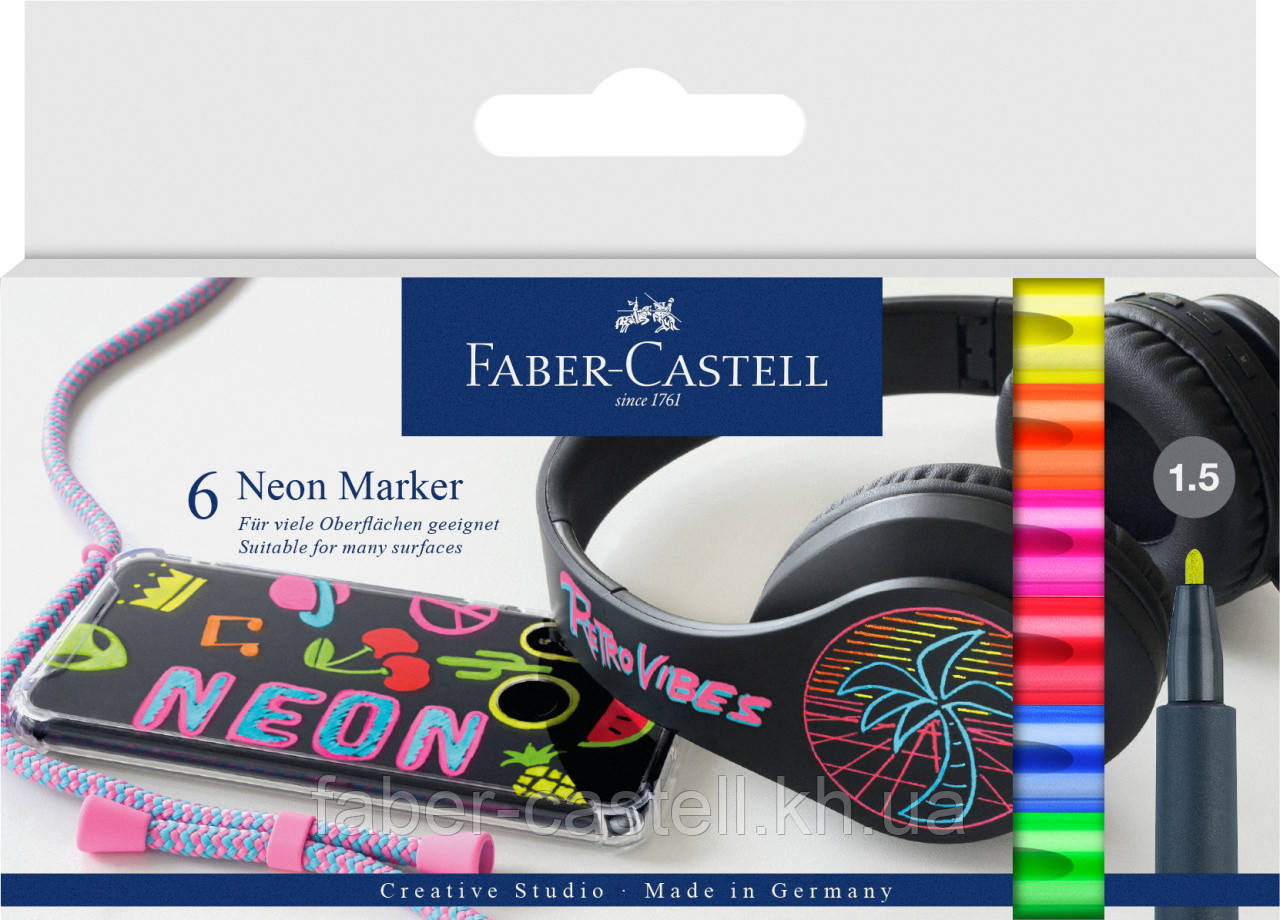 Набір тонких неонових маркерів для декорування Faber-Castell Neon Marker, M (1,5 мм) 6 кольорів, 160806