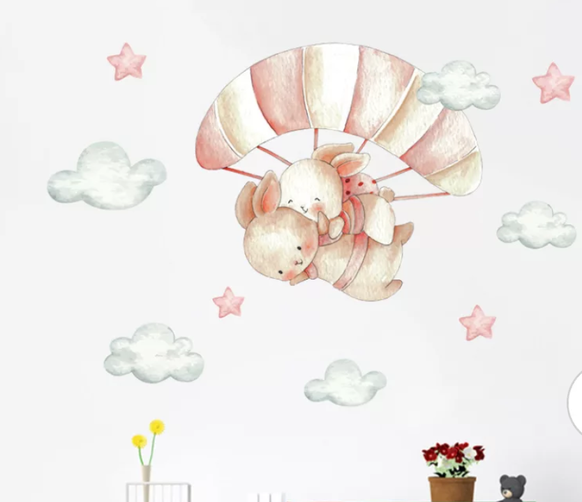 Вінілові наклейки на стіну в дитсадок Зайчики на парашуті (лист 30 х 60 см) Б64-2