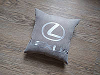 Авто Подушка c вышивкой логотипа марки лексус Lexus серый подарок автомобилисту 00187