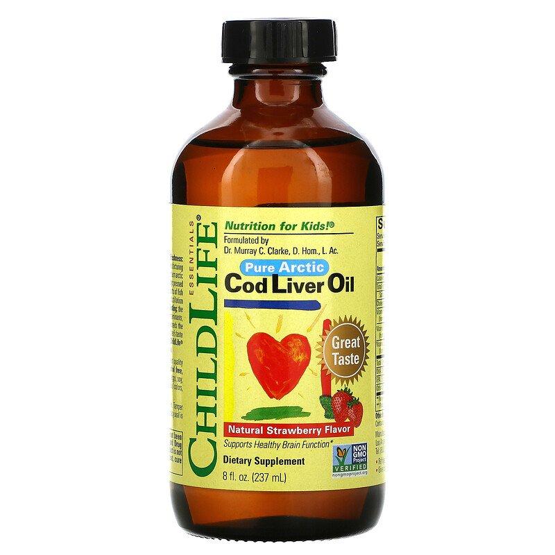 Жир із арктичної печінки тріски ChildLife "Pure Arctic Cod Liver Oil" з полуничним смаком, 1225 мг (237 мл), фото 1