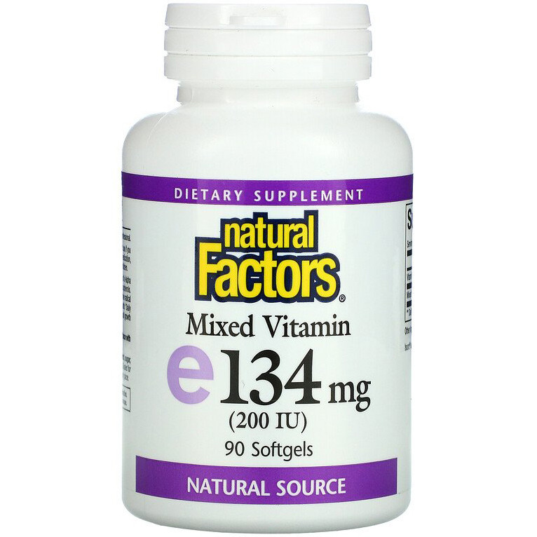 Вітамін Е, Natural Factors "Mixed Vitamin E" зі змішаними токоферолами, 200 МО (90 гелевих капсул)