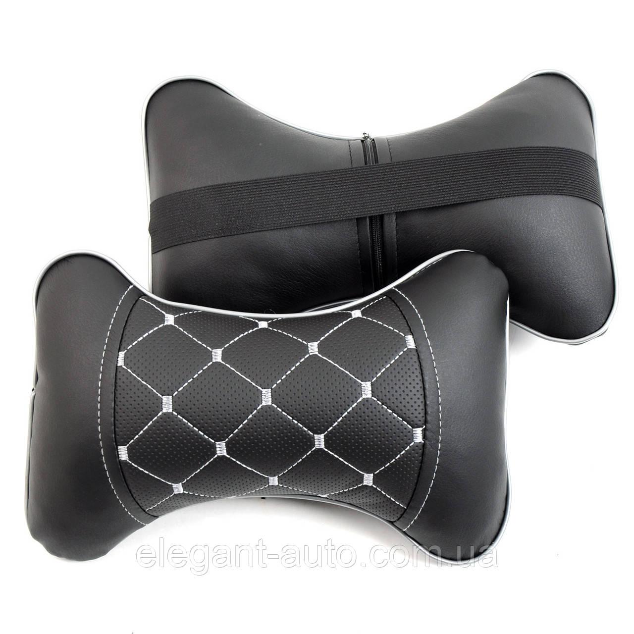Подушка на підголівник еко-шкіра чорна + вставка перфор./рядок Ромб сірий + кант (2шт/к-кт)