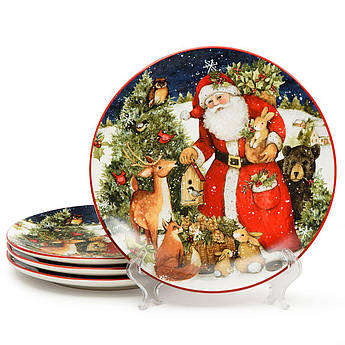 Набір із 4-х обідніх керамічних тарілок з новорічним принтом "Різдво з Сантою" Certified International