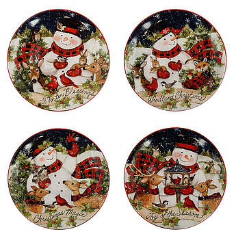 Набір із 4-х тарілок для салату з новорічними принтами, "Різдво зі сніговиком" Certified International
