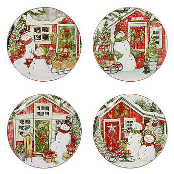 Тарілки для салату керамічні з новорічним принтом "Різдвяний будиночок" Certified International, 4 шт.