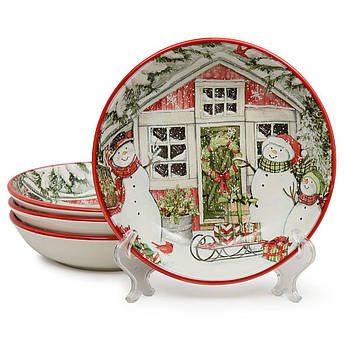 Набір із 4-х тарілок для супу з новорічним малюнком сніговиків "Різдвяний будиночок" Certified International