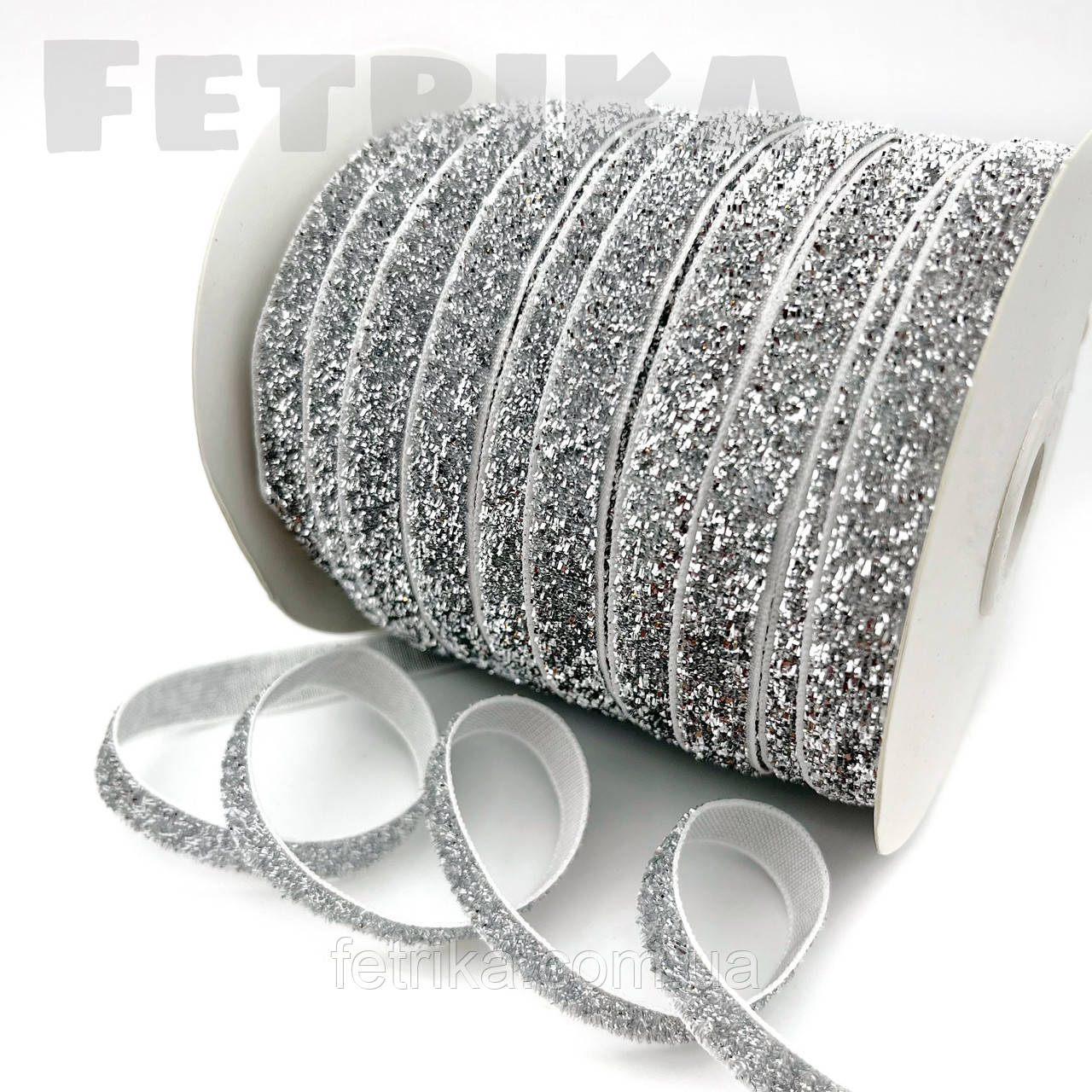 Оксамитова стрічка з люрексом 1 см, срібло, фото 1