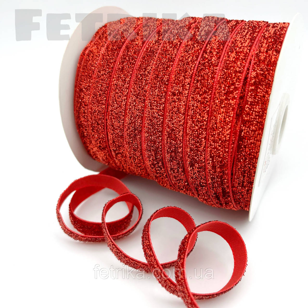 Оксамитова стрічка з люрексом 1 см, червона, фото 1