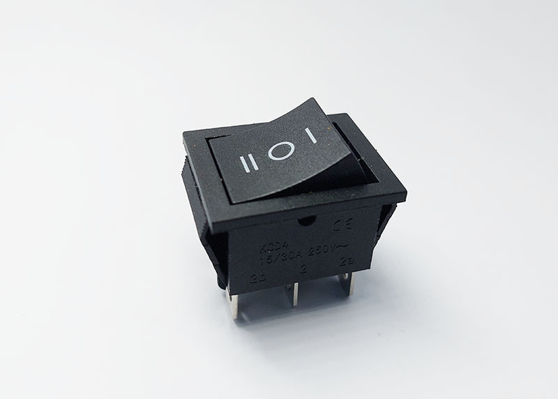 Перемикач клавішний KCD2-203, 2 групи, ON-OFF-ON, 6 pin, 15A 250VAC, чорний