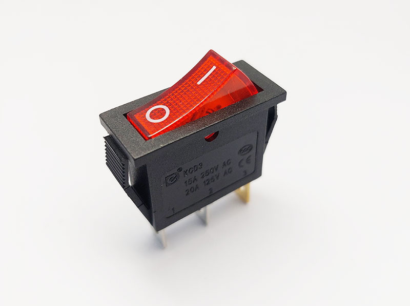 Перемикач клавішний KСD3-101N, з підсвіткою, 1 група, ON-OFF, 3 pin, 15A 250VAC, червоний