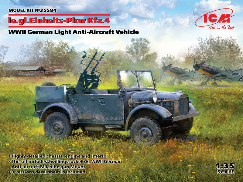 Пластикова модель 1/35 ICM 35584 Німецька легка зенітна машина le.gl.Einheits-Pkw Kfz.4, фото 1