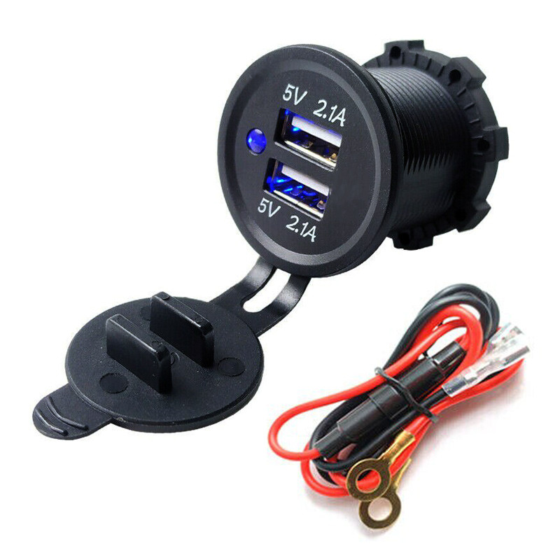 USB розетка автомобильная врезная круглая 2x 2.1А 12-24В с крышкой и индикатором, авто зарядное устройство