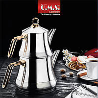 Двухъярусный чайник из нержавеющей стали 0,75/1,75 л ручки золото (Турция) OMS 8075-L-Gold - Lux-Comfort