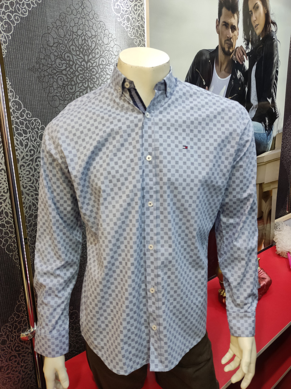 Сорочка чоловіча довгий рукав принт гудзики стрейч блакитна, фото 1