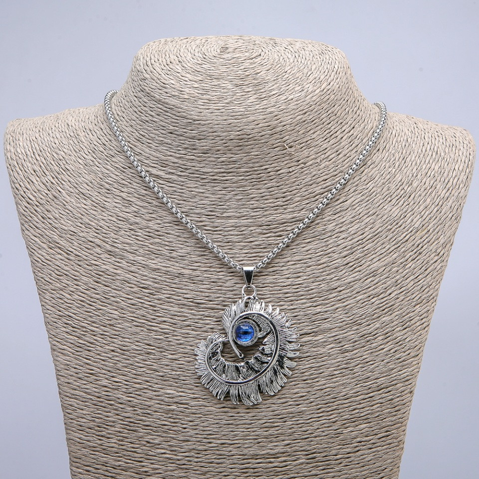 Кулон "Перо з оком дракона" 50х40мм на ланцюжку L-70см + - сріблястий метал, фото 1