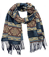 Женский длинный шарф синий с узорами на зиму/осень,вязаный зимний шарф с коричневым/синим из вискозы