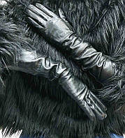 Довгі шкіряні жіночі рукавички Чорні  До ліктя 47 см