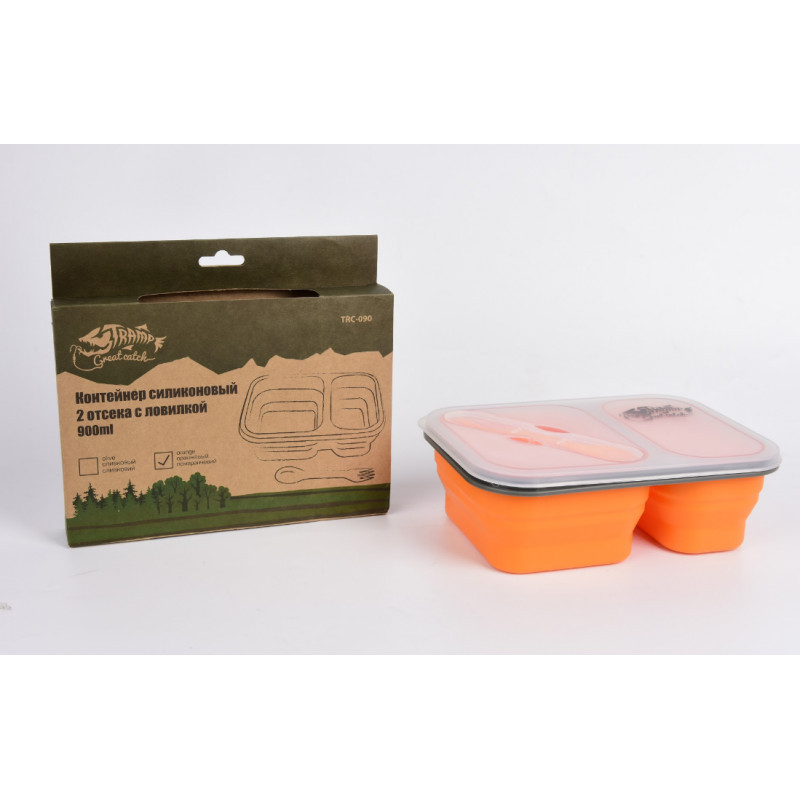 Контейнер силіконовий на 2 відсіки Tramp (900ml) з ловилкою orange, фото 1