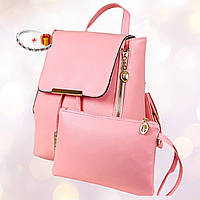 Нежный молодежный рюкзак Ангелина, качественная женская сумка-рюкзак из экокожи Розовый с кошельком