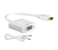 Конвертер HDMI (папа) на VGA (мама) 10см + AUX, белый