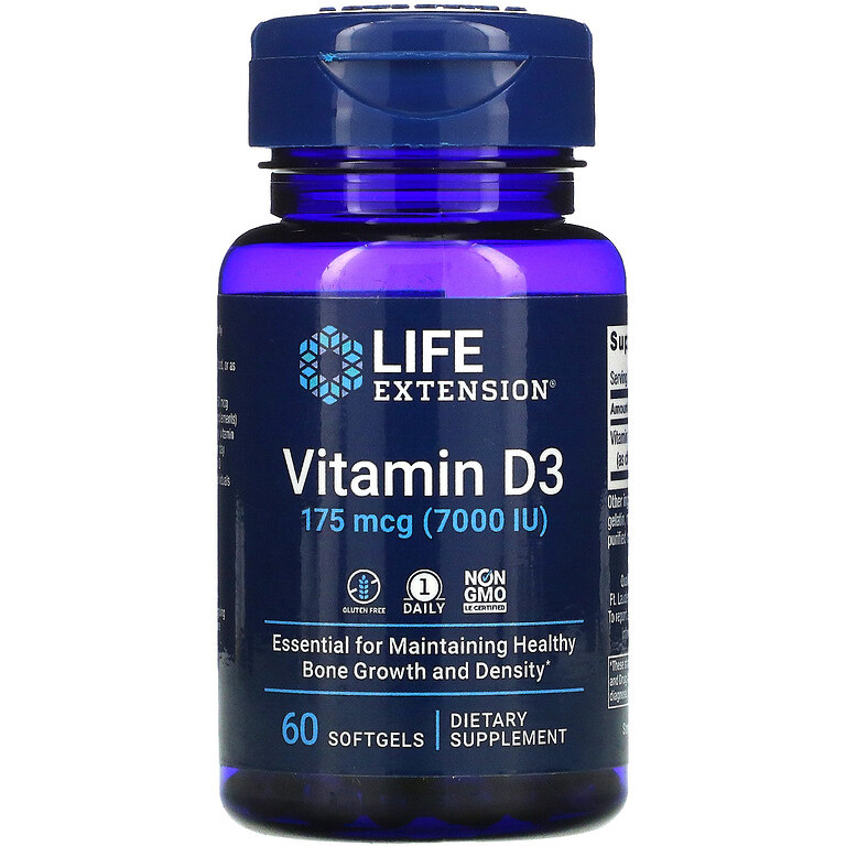 Вітамін D3, Life Extension "Vitamin D3" 175 мкг, 7000 МО (60 гелевих капсул), фото 1