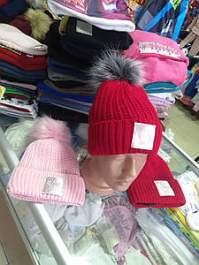 Зимова в'язана шапка для дівчинки фліс отворот натуральне хутро песець розмір 52 54