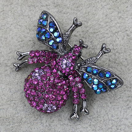 Брошка металева срібляста Муха з різнобарвними кристалами розмір виробу 40х30 мм, фото 2