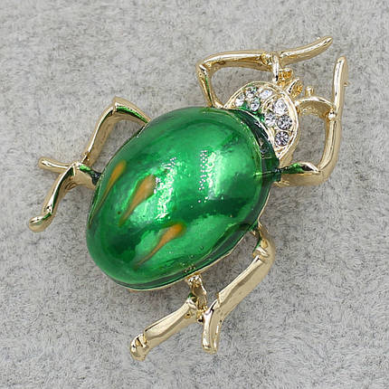 Брошка металева золотиста Жук у стразах покрита кольоровою емаллю розмір виробу 40х30 мм, фото 2