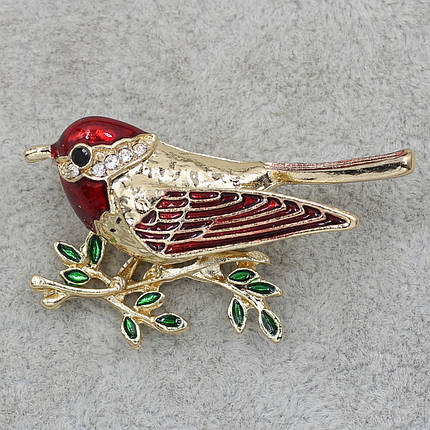 Брошка металева золотиста Пташка на гілочці в стразах покрита кольоровою емаллю розмір виробу 50х20 мм, фото 1