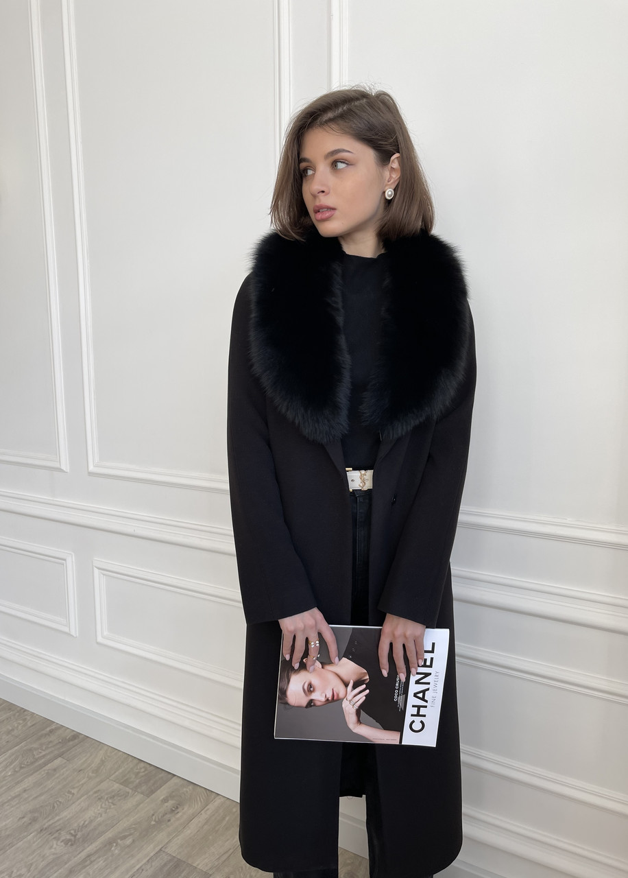 Розкішне чорне зимове кашемірове пальто з хутром, фото 1