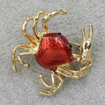 Брошка металева золотиста Краб покрита кольоровою емаллю розмір виробу 30х30 мм, фото 2