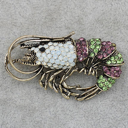 Брошка металева золотиста Креветка з різнобарвними стразами розмір виробу 50х30 мм, фото 1