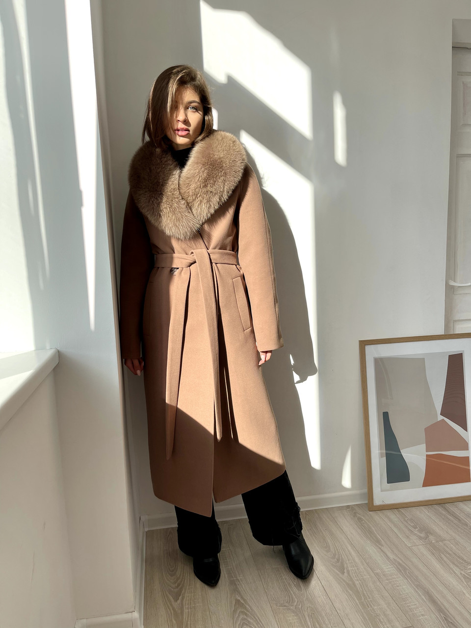 Теплое женское пальто с мехом песца 40,42, 44, 46, 48, 50, 52 женское ...