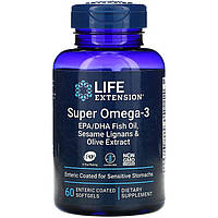 Омега-3, Life Extension "Super Omega-3" рыбий жир с энтеросолюбильным покрытием (60 капсул)