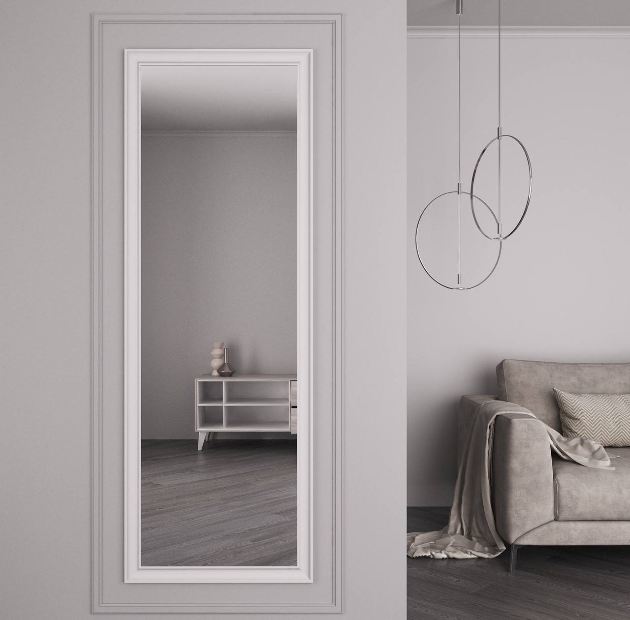 Дзеркало на стіну 169х59 у білій матовій вузькій рамі | Black Mirror у ванну | спальню | коридор, фото 1