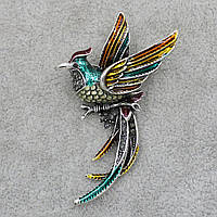 Брошь металлическая серебристая Птица на веточке покрыта цветной эмалью размер изделия 60х30 мм