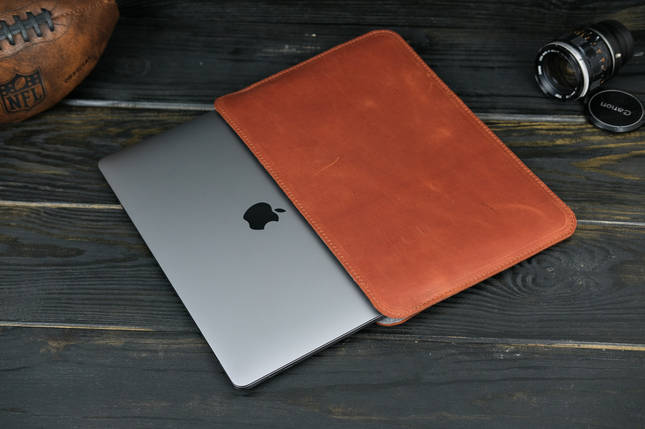 Шкіряний чохол для MacBook Air 13" (2018-2021) Дизайн №2 з повстю, Вінтажна шкіра, колір Коньяк, фото 1