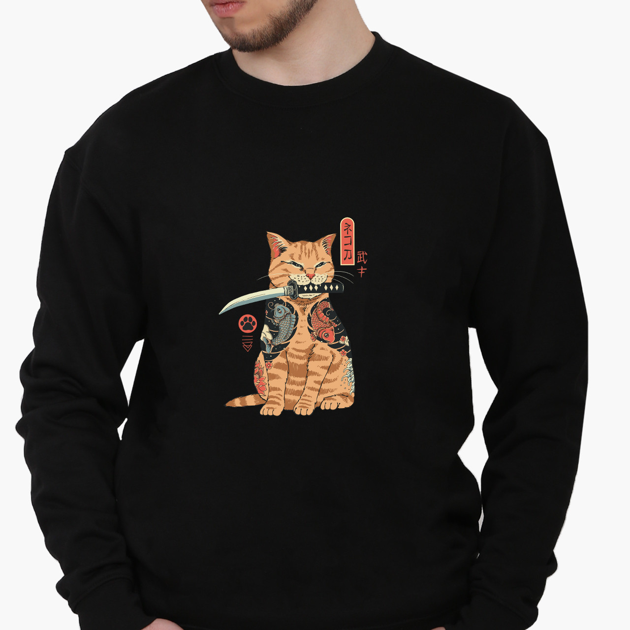 Світшот, реглан, кофта чоловічий Кіт Якудза (Yakuza Cat), світшот з принтом Прикольні написи, фото 1