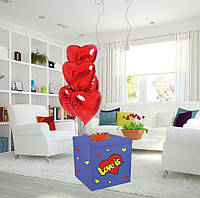 Коробка-сюрприз із гелієвими кулями велика на День Валентина 70х70 см "Love is лого" + наклейка+декор+напис