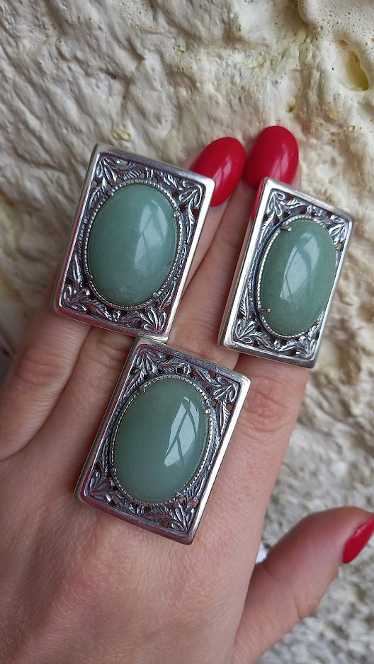 Срібний комплект з зеленим авантюрином, фото 1