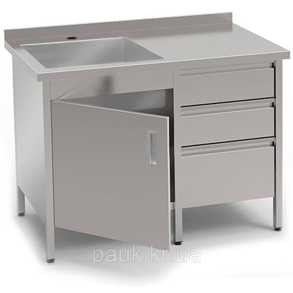 Стіл-тумба з мийкою 1100х600х850 мм, СТМВ-1С-1ДР-3Я, кухонний стіл з мийкою та тумбою, виробнича мийка-стіл з ящиками, мийка, фото 1