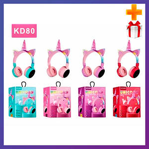 Навушники дитячі бездротові з котячими вушками Единорожка KD80 Bluetooth навушники накладні + Подарунок