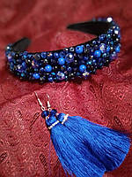 Обруч на голову ручної роботи синього кольору етно стиль, авторська діадема з кришталю та намистин, обідок на волосся