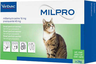 Таблетки від глистів Virbac Milpro (Мілпро 16мг/40мг для котів більше 2кг) 1табл