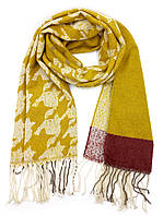 Женский шарф желтый вязаный, зимний шарф длинный с бахромой,шарф желтый с узором на зиму/осень