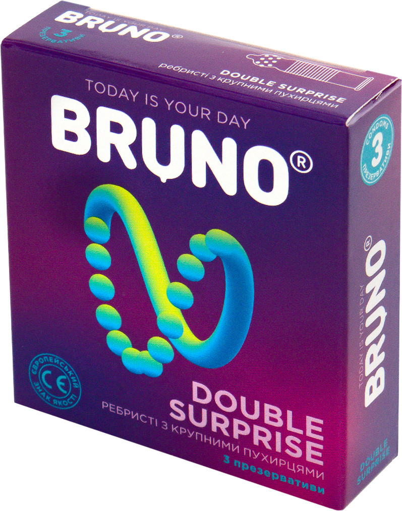 Презервативи якісні чоловічі ребристі з великими точками Bruno Double Surprise 1 упаковка 3 шт