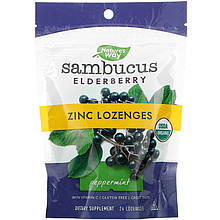 Бузина з цинком Nature's Way "Sambucus Zinc Lozenges Peppermint" з м'ятним смаком (24 льодяники)