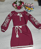 Вишиванка для дівчинки вишите плаття, сукня Моя пташечка БОРДО 140см