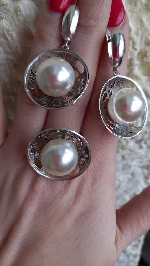 Срібний комплект із великою перлиною (15 мм), фото 1