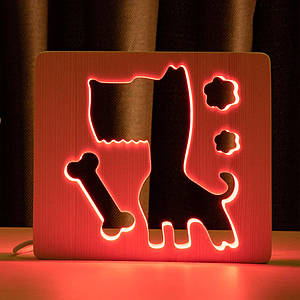 Світильник нічник з дерева LED "Пес і кістка" з пультом і регулюванням кольори, RGB